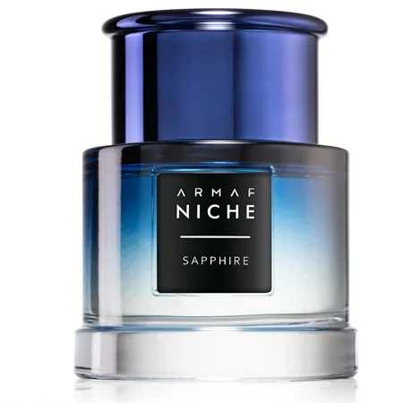 Frasco de perfume Armaf Niche Sapphire com tampa azul metálica