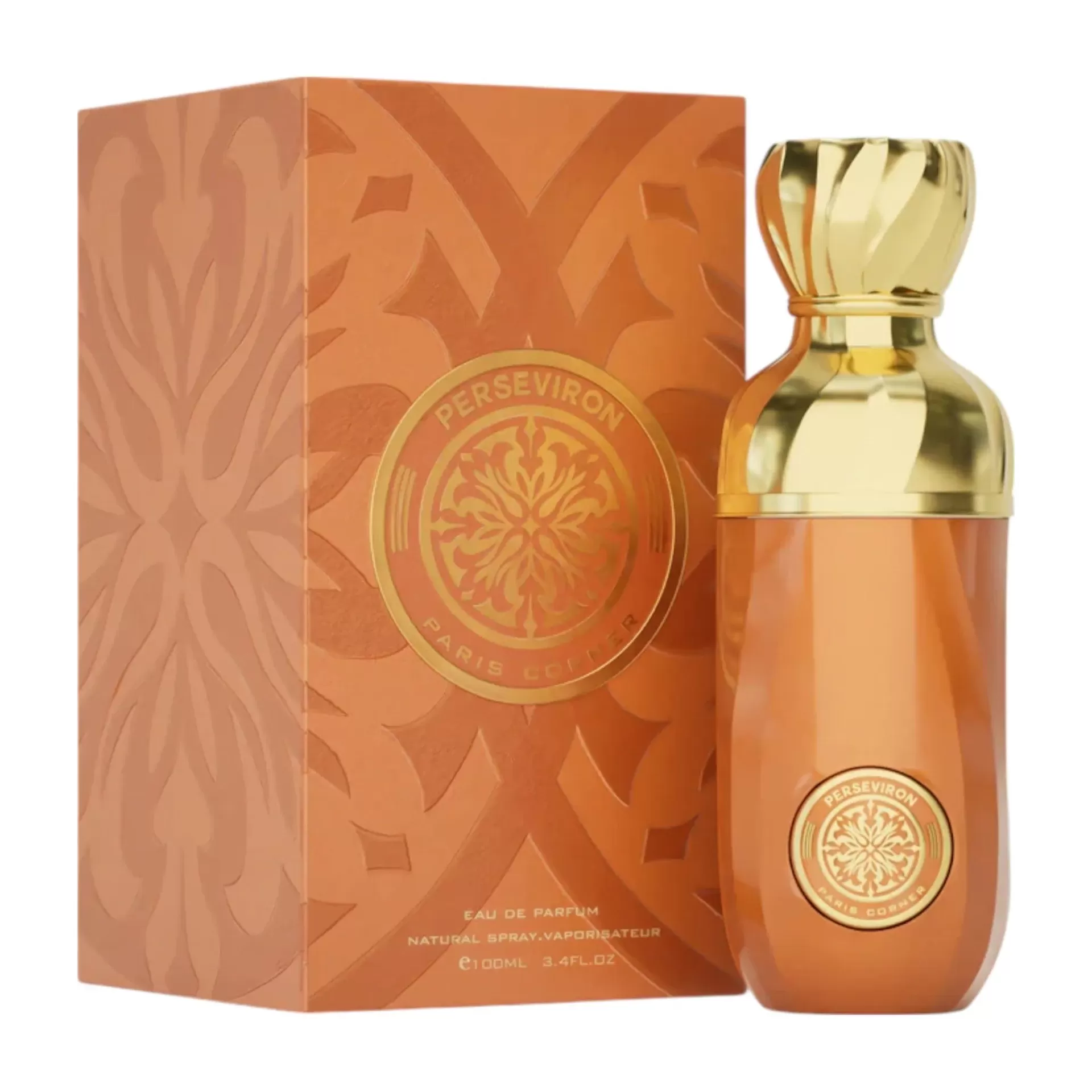 Frasco e caixa de perfume laranja e dourado Perseviron Paris Corner