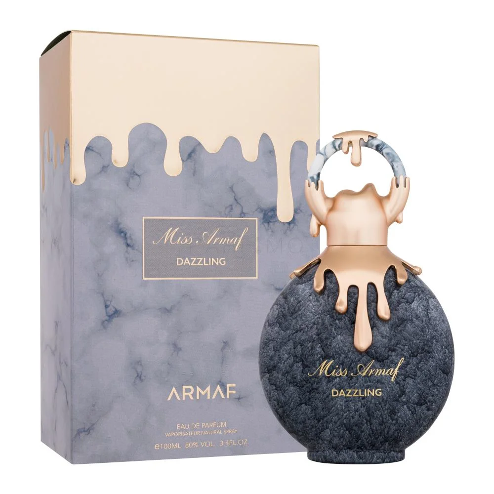 Perfume Miss Armaf Dazzling com embalagem cinzenta mármore e detalhes dourados