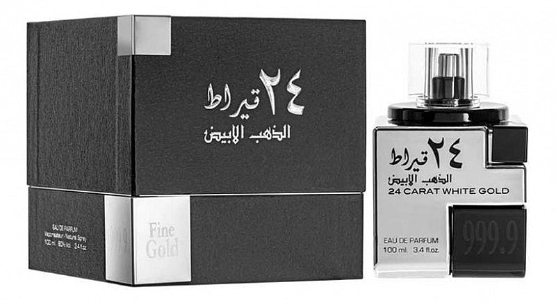 Frasco de perfume preto e caixa preta com texto árabe e inglês