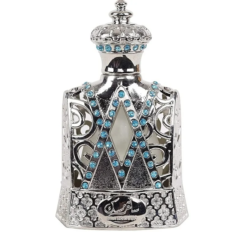 Garrafa decorativa prateada com pedras azuis e brancas
