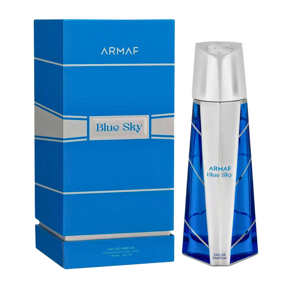 Frasco e embalagem de perfume Armaf Blue Sky azul e prata