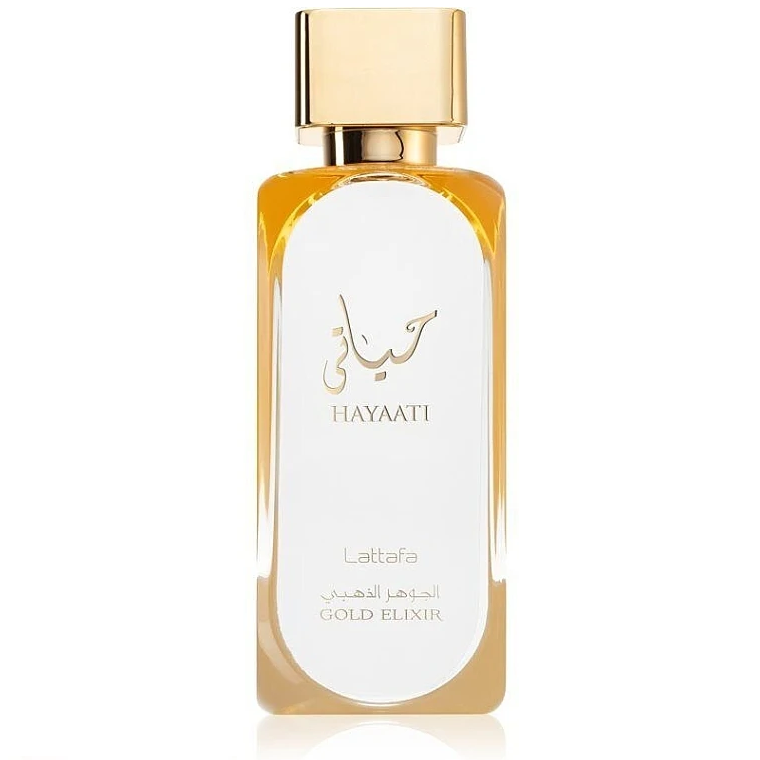 Frasco de perfume HAYAATI Lattafa Gold Elixir dourado e transparente