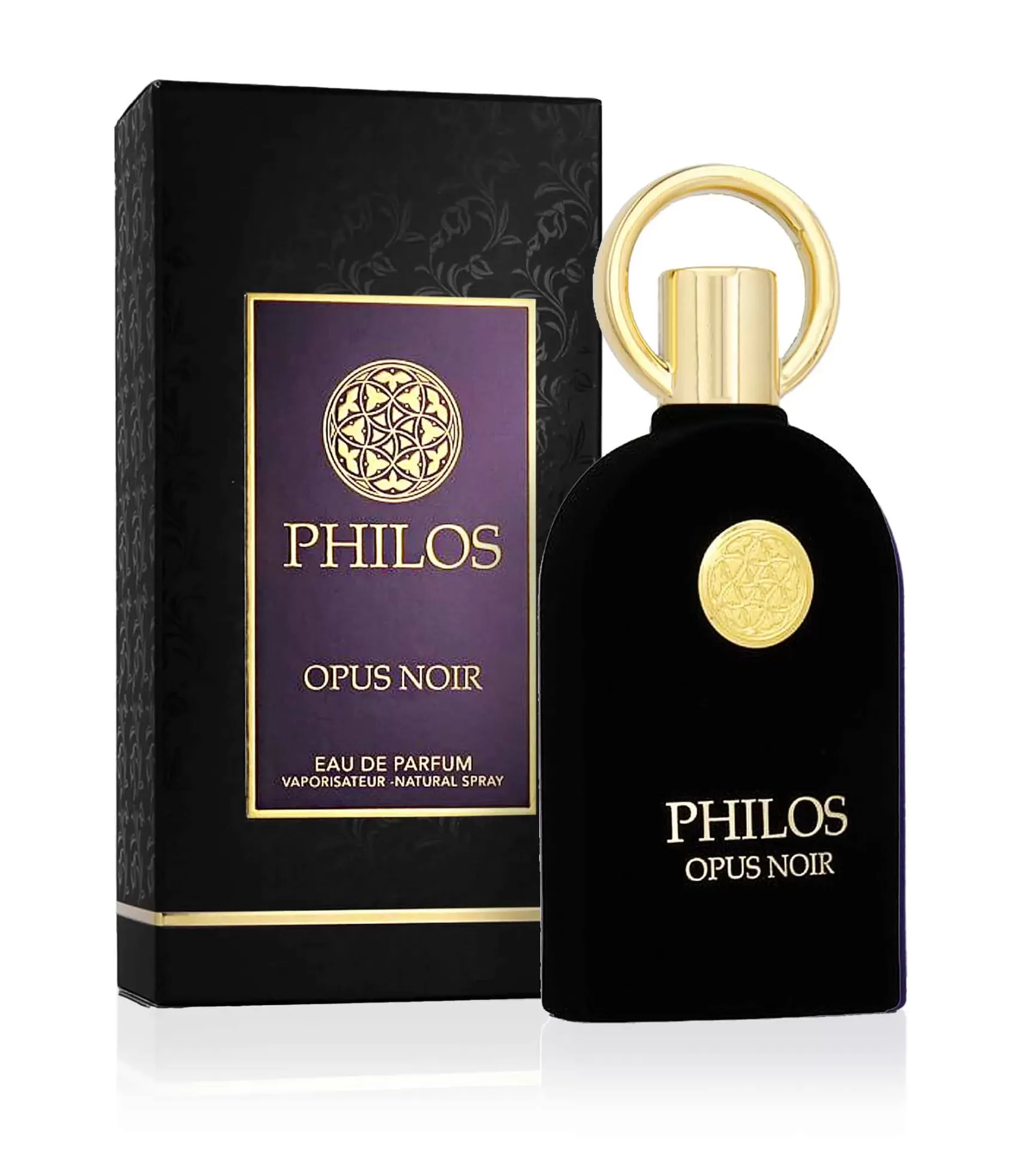 Frasco de perfume preto com tampa dourada e caixa preta do perfume PHILOS OPUS NOIR