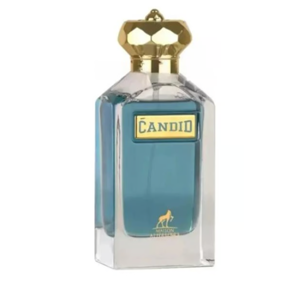 Frasco de perfume de vidro transparente com líquido azul e tampa dourada