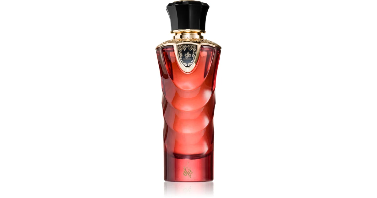 Frasco de perfume vermelho com tampa preta e detalhes dourados