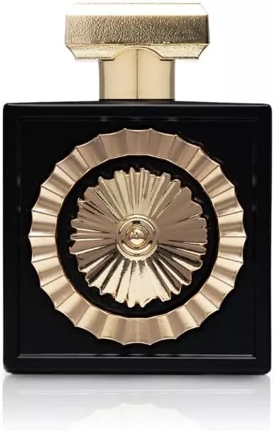 frasco de perfume preto com detalhes dourados