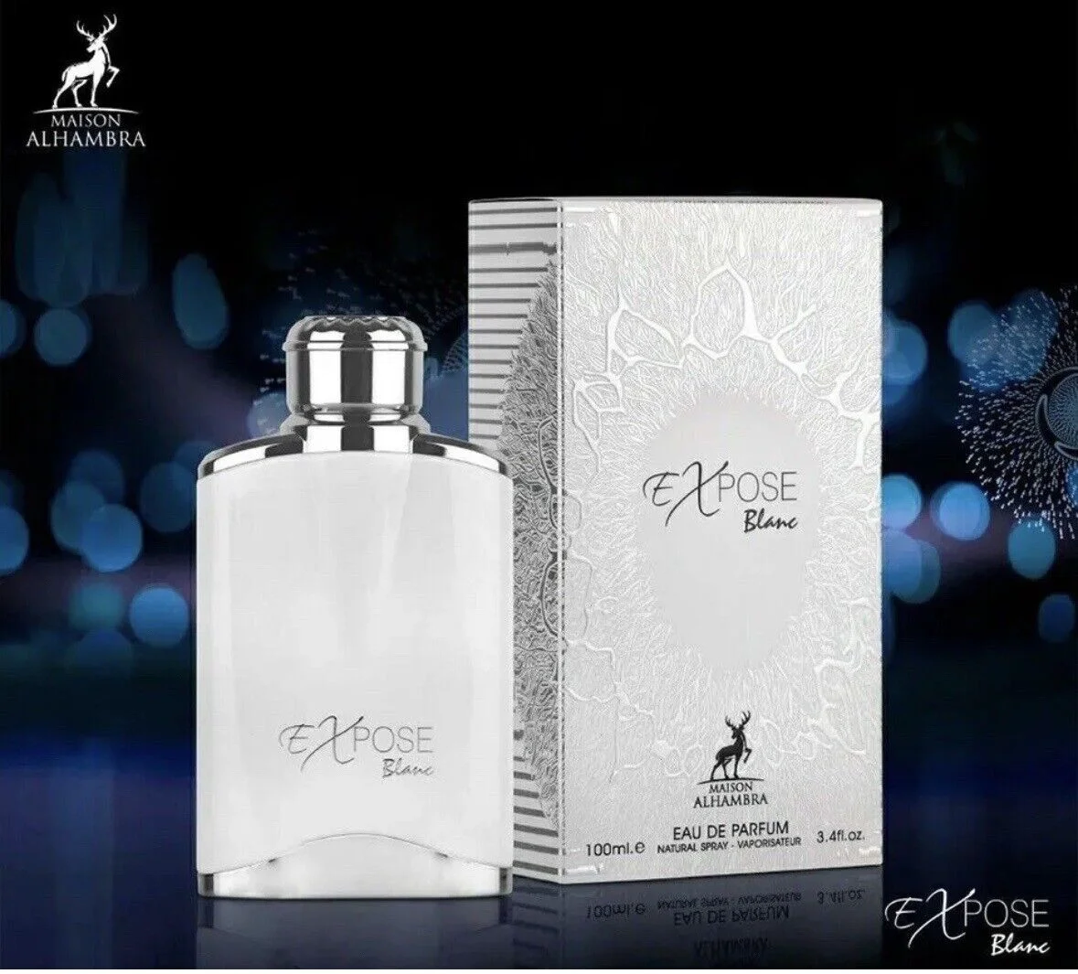 Perfume Expose Blanc em frasco branco com tampa prata ao lado da caixa branca com relevo floral