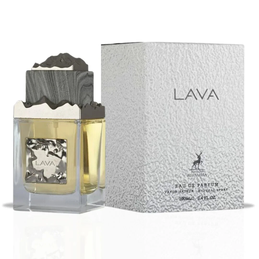 Perfume LAVA com frasco em vidro e tampa decorativa, ao lado da caixa branca texturizada