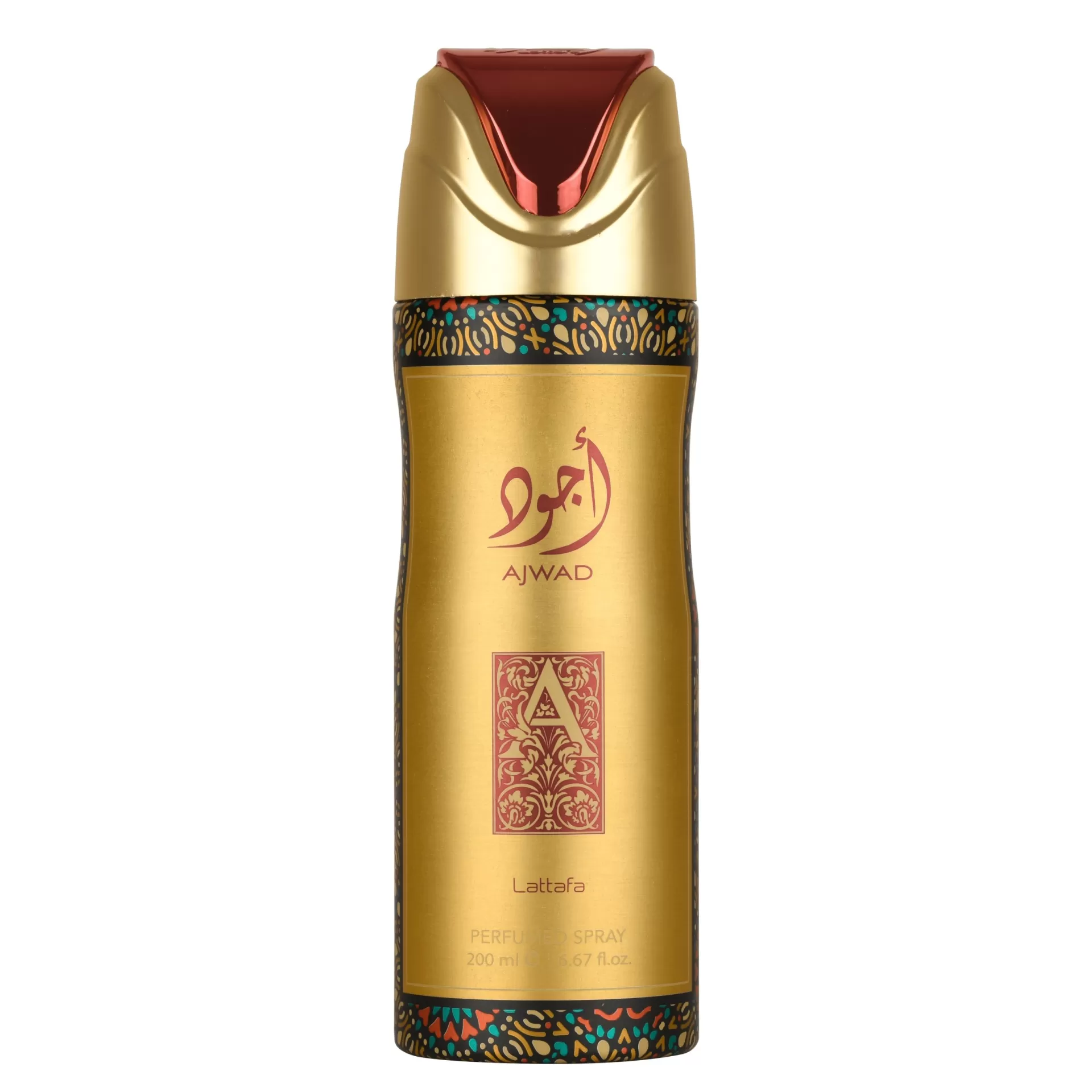 Frasco dourado de spray corporal Ajwad Lattari com tampa dourada e vermelha
