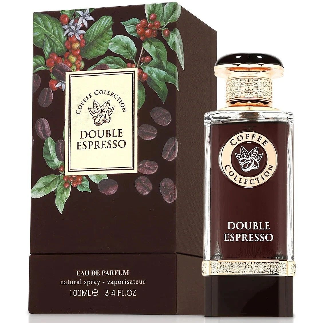 Frasco e embalagem de perfume Double Espresso da Coffee Collection, cor castanha escura com detalhes dourados.