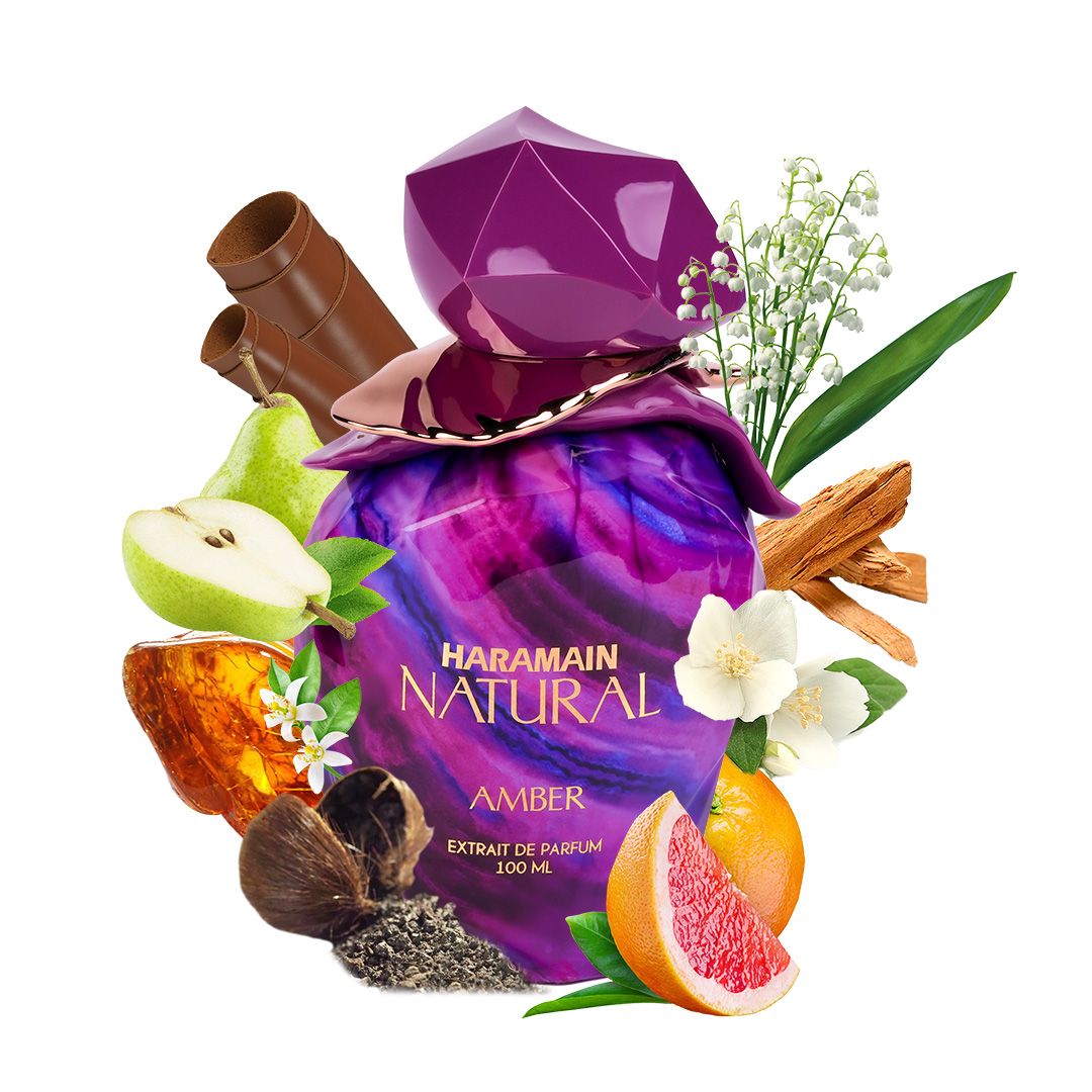 Frasco de perfume roxo Haramain Natural Amber com elementos naturais ao redor