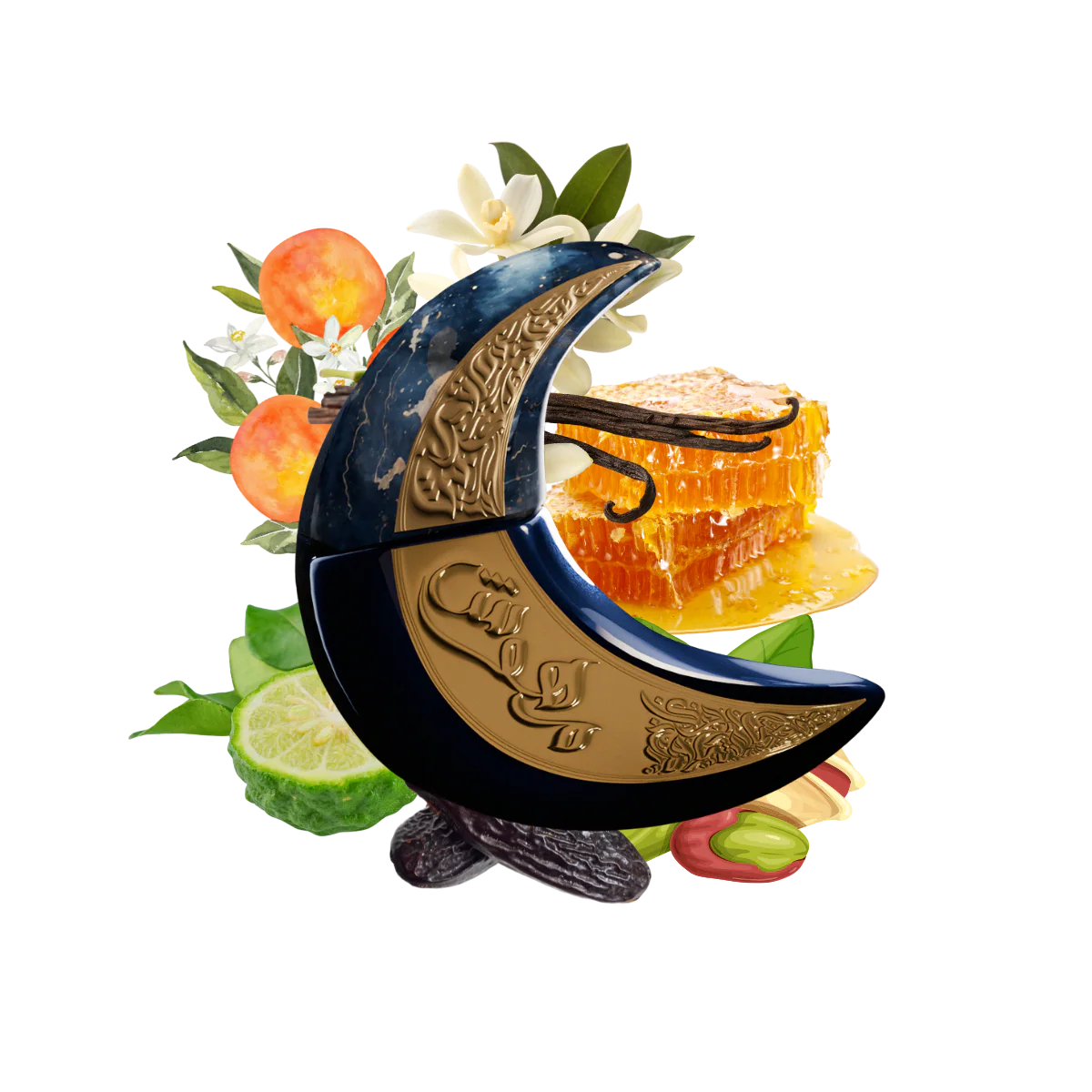 Produto em forma de lua azul e dourado com ingredientes naturais ao redor