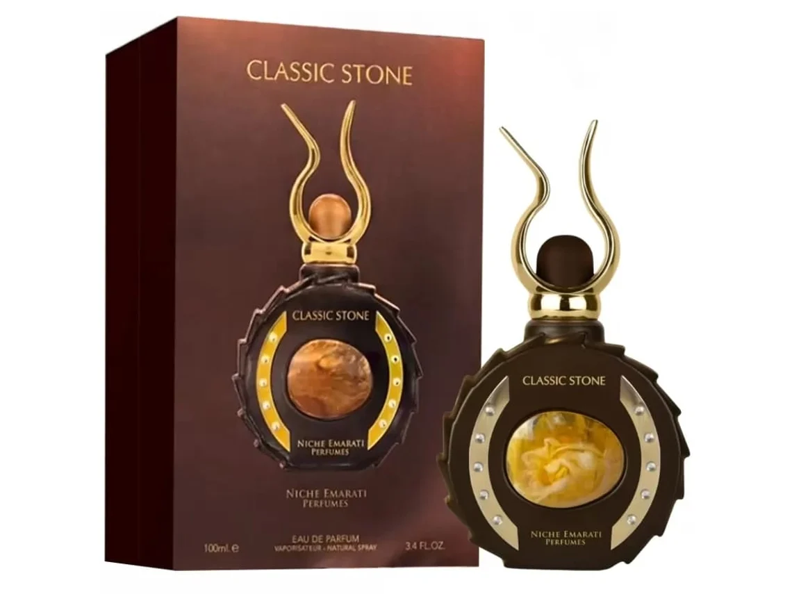 Perfume CLASSIC STONE com embalagem castanha e dourada e frasco com pedra central