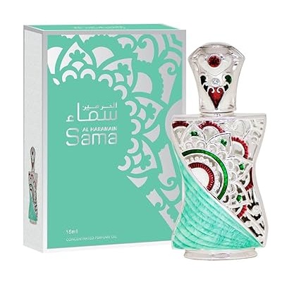 Frasco decorativo de perfume Al Haramain Sama com embalagem verde e branca