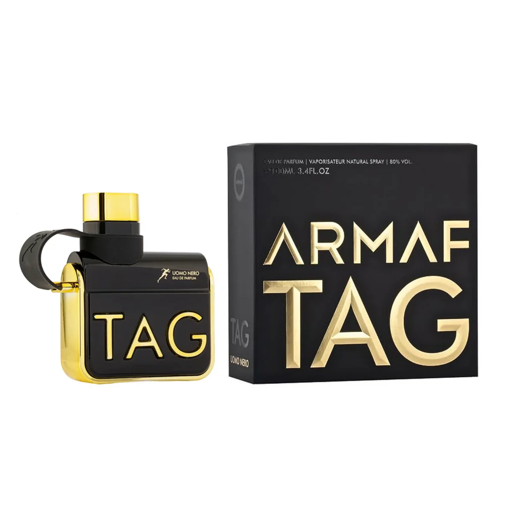 Frasco e caixa de perfume Armaf TAG preto e dourado