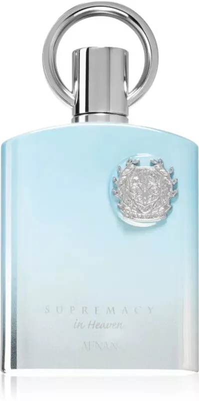 Frasco de perfume azul claro com tampa prateada e emblema prateado