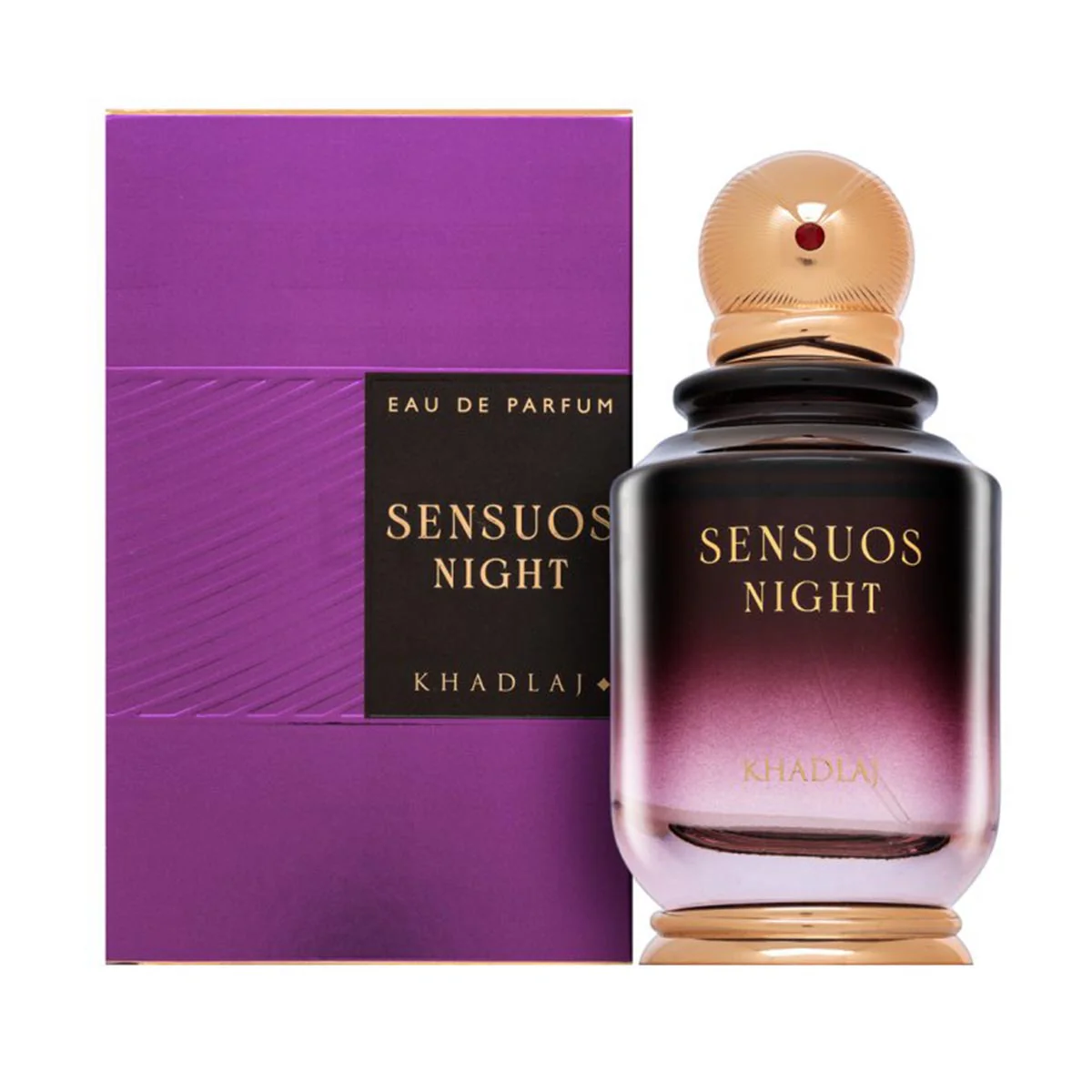 Frasco de perfume Sensuos Night da Khadla com caixa roxa