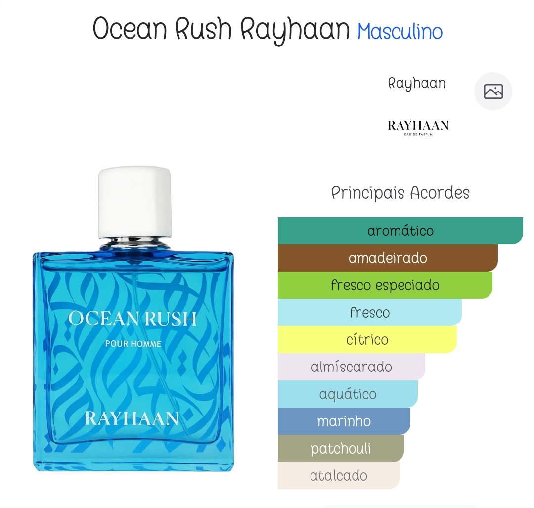 Frasco de perfume azul Ocean Rush para homem da Rayhaan com gráfico de acordes aromáticos e amadeirados