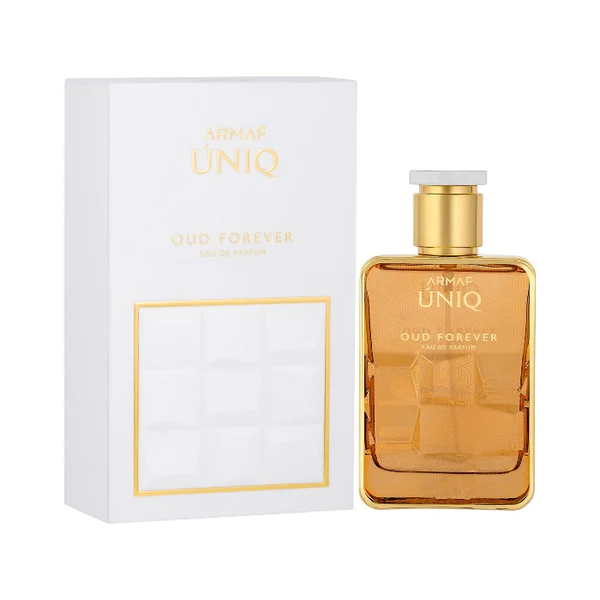 Perfume Armaf UNIQ OUD FOREVER com frasco dourado e caixa branca