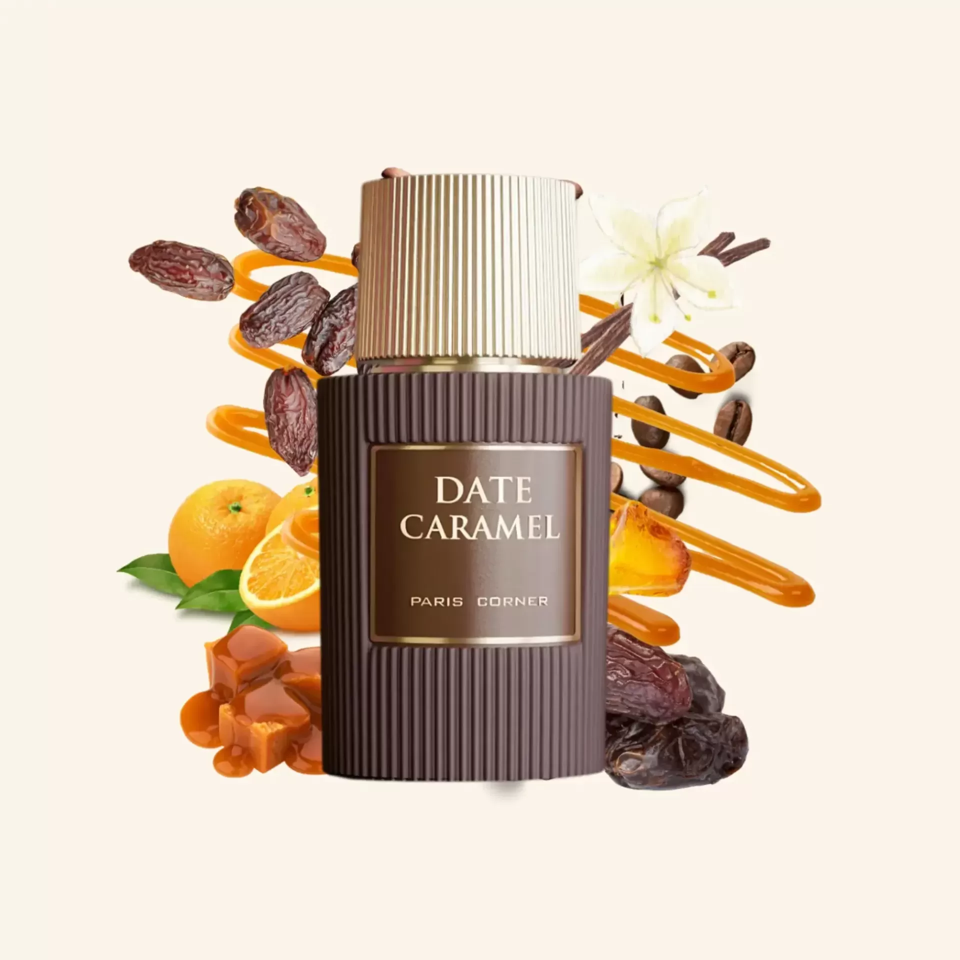 Frasco de perfume date caramel com tâmaras, laranja e caramelo.