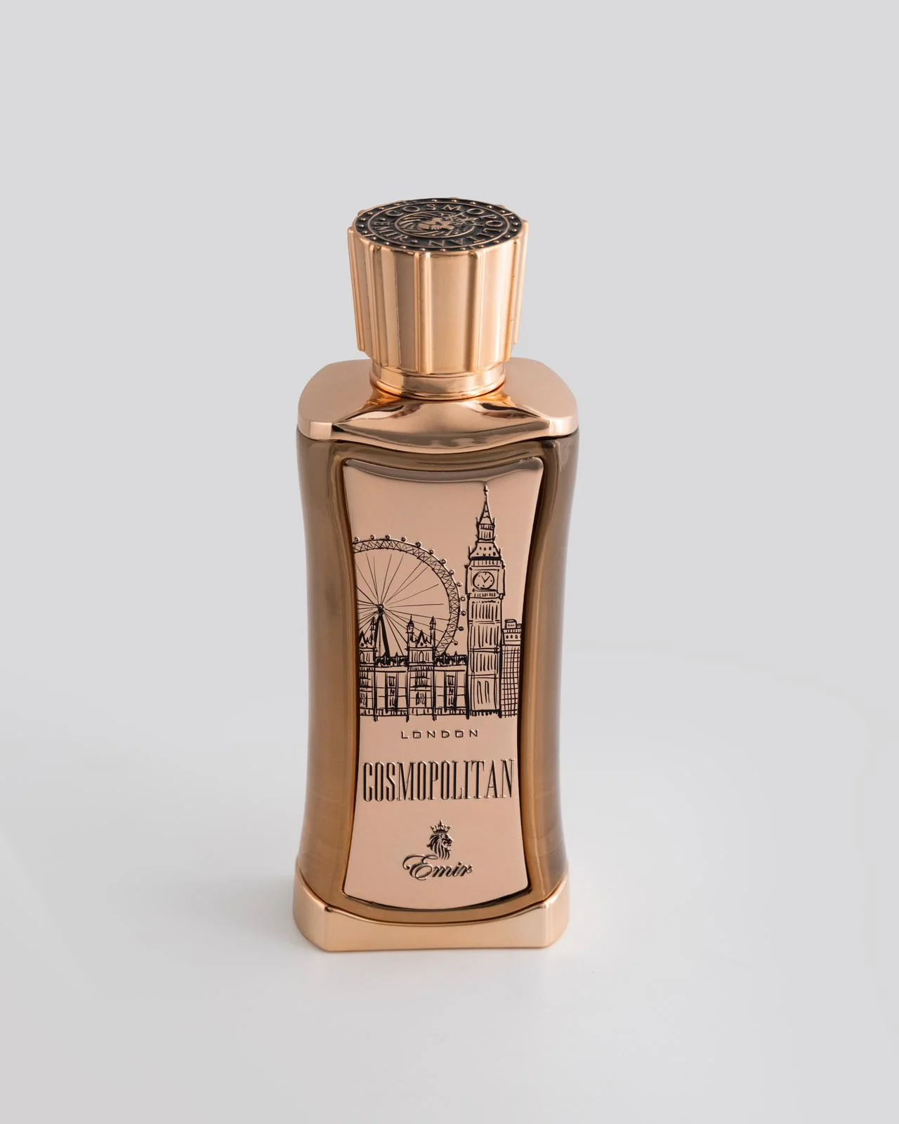 Frasco de perfume dourado com tampa, ilustração de Londres e texto LONDON COSMOPOLITAN Emter