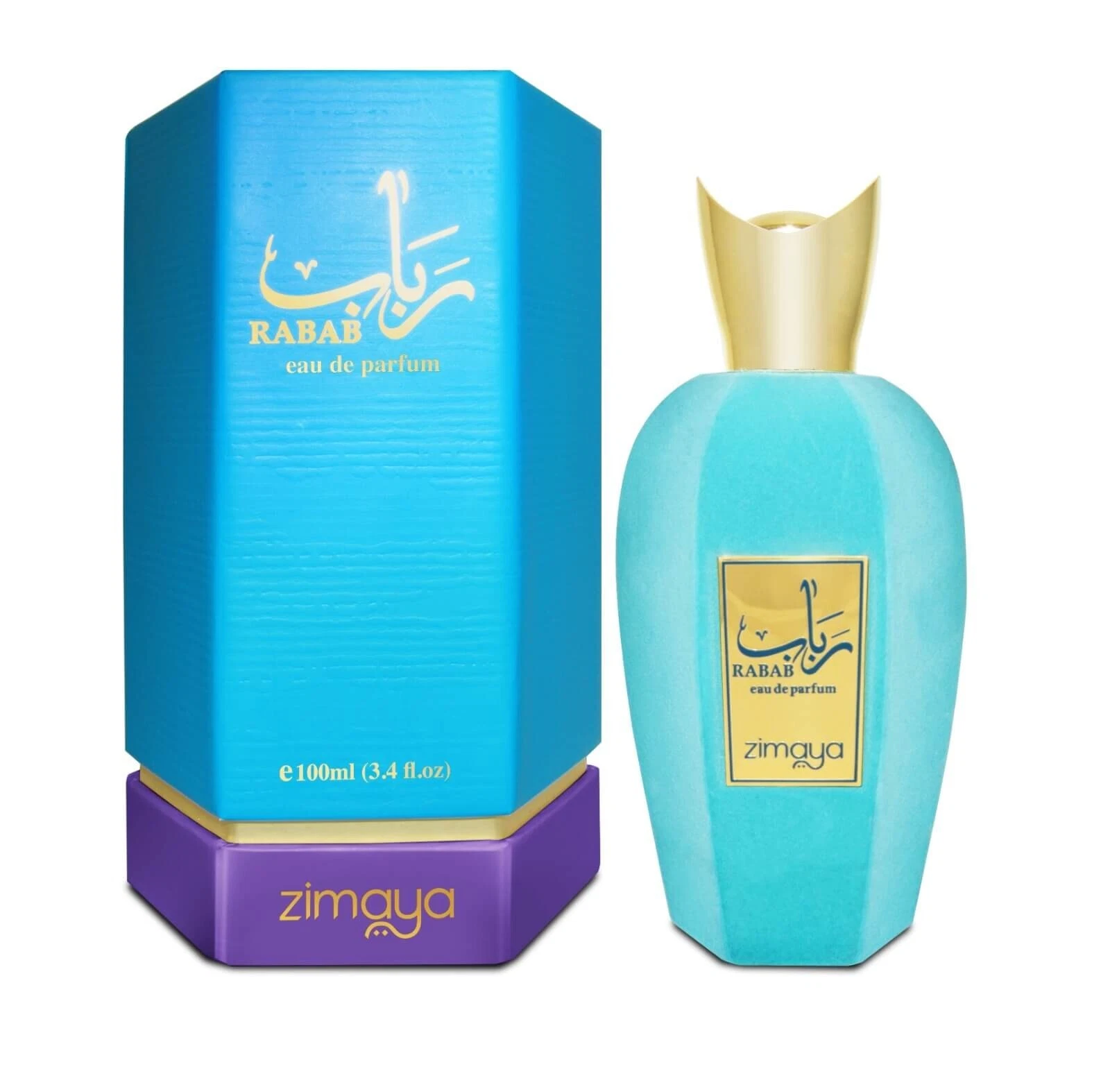 Frasco de perfume azul com tampa dourada e caixa azul e roxa com textos dourados.