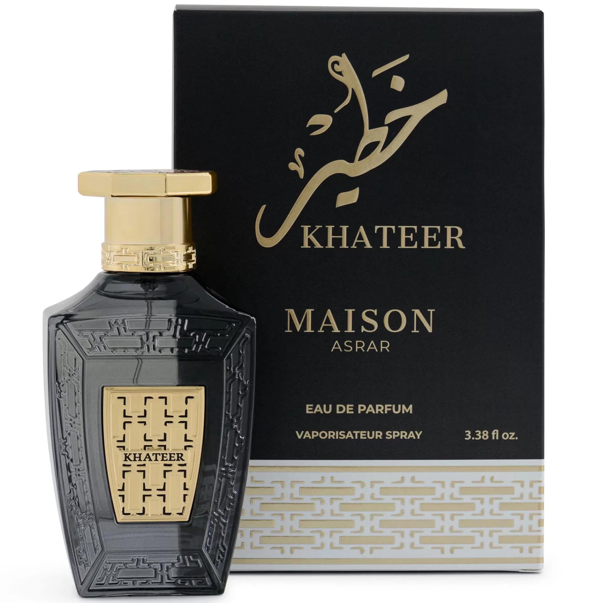 Frasco de perfume Khateer preto e dourado com caixa preta e dourada