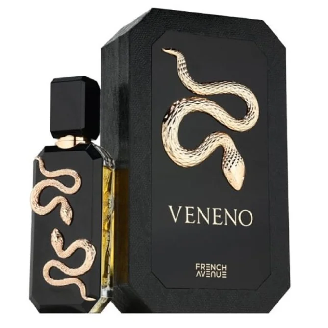 Frasco de perfume preto com cobras douradas e embalagem preta com cobra e texto dourado