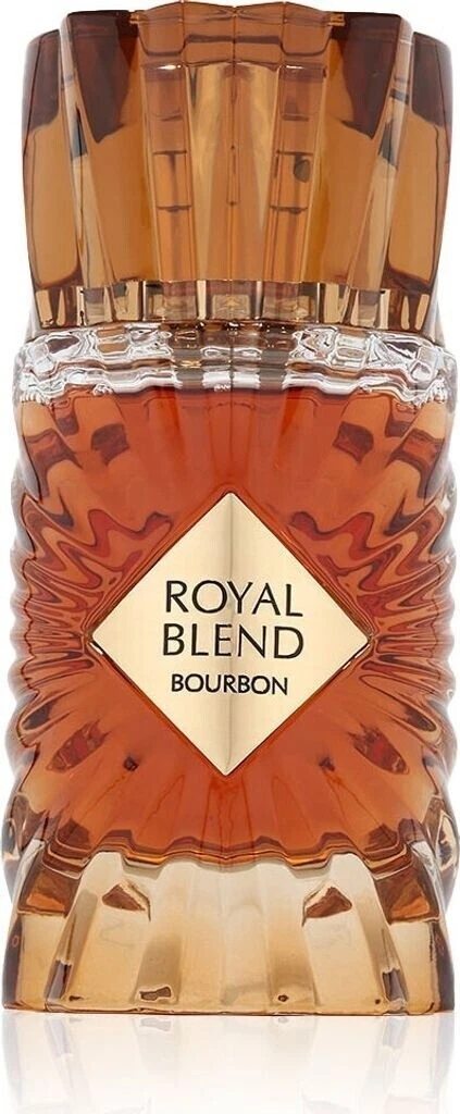Garrafa de bourbon Royal Blend com rótulo dourado e tampa âmbar