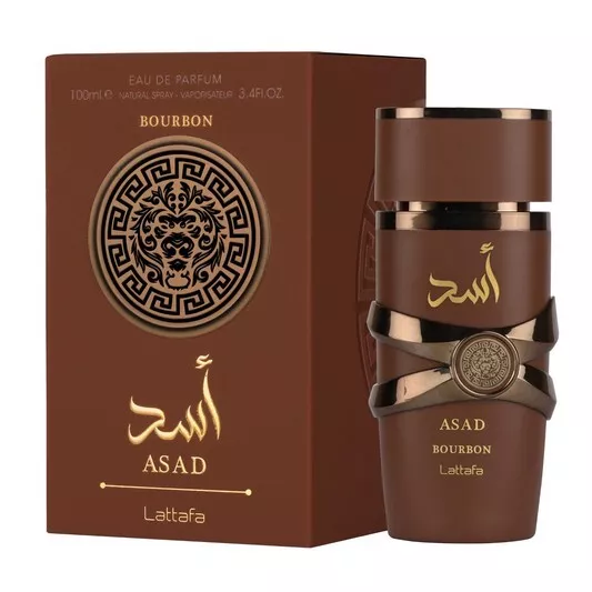 Perfume Asad Bourbon Lattafa em frasco e caixa marrons com detalhes dourados