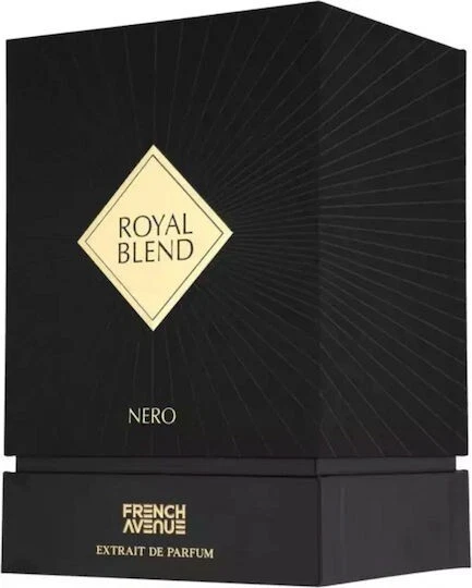 Embalagem preta de perfume Royal Blend Nero com texto dourado