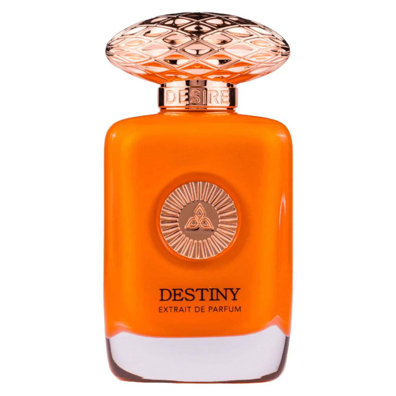 Frasco de perfume laranja com tampa dourada decorativa, texto DESTINY EXTRAIT DE PARFUM