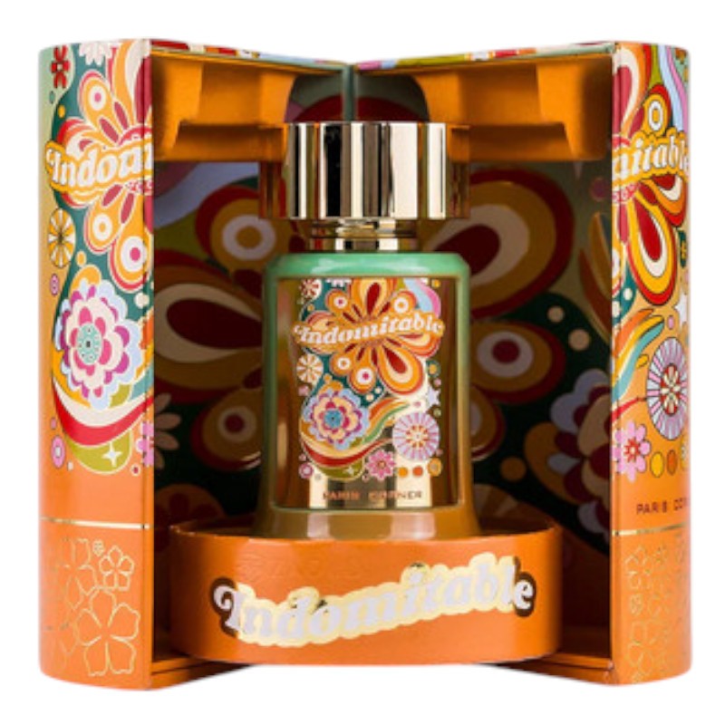 Frasco de perfume Indomitable em caixa colorida com padrão floral