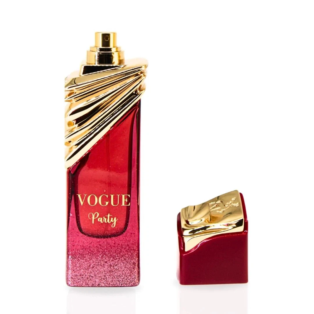 Frasco de perfume vermelho e dourado Vogue Party com tampa ao lado
