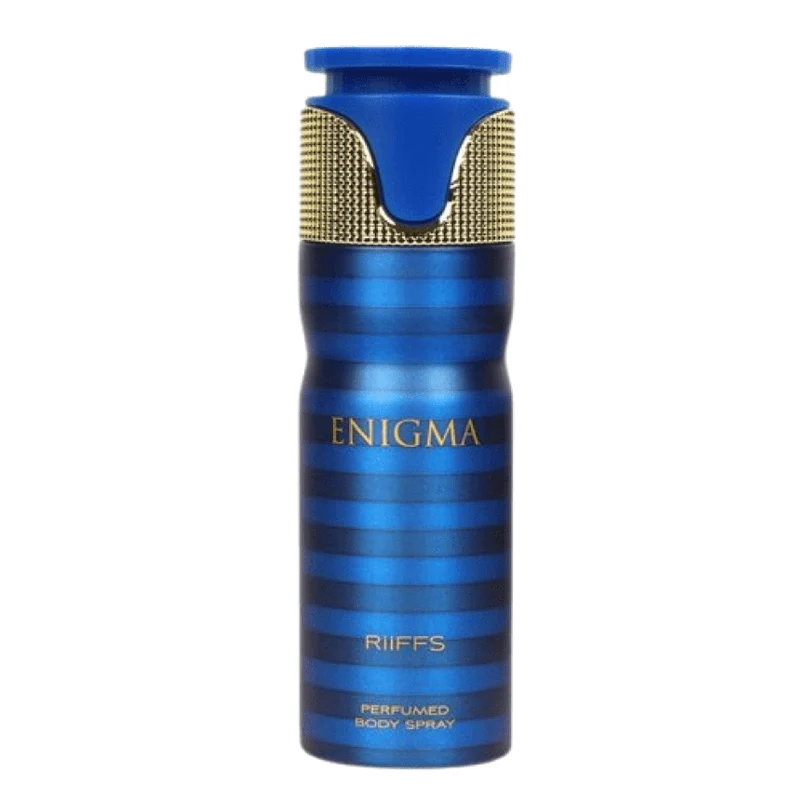 Spray corporal perfumado azul e dourado com o texto ENIGMA RIIFFS