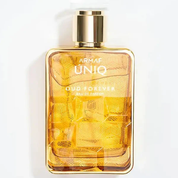 Frasco de perfume Armaf UNIQ âmbar com tampa dourada
