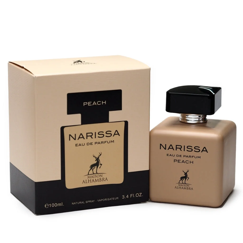 Frasco e caixa de perfume Narissa Eau de Parfum Peach cor bege e preta