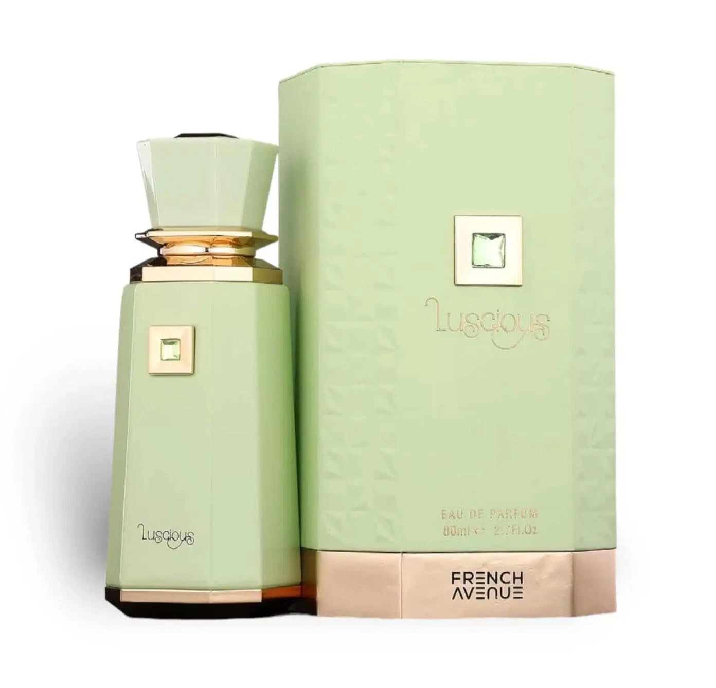 Frasco e caixa de perfume verde claro com detalhes dourados