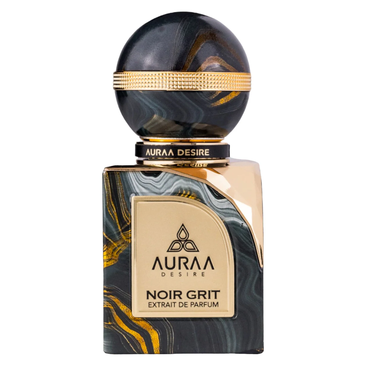 Frasco de perfume Auraa Desire Noir Grit com padrão marmoreado preto, cinza e dourado