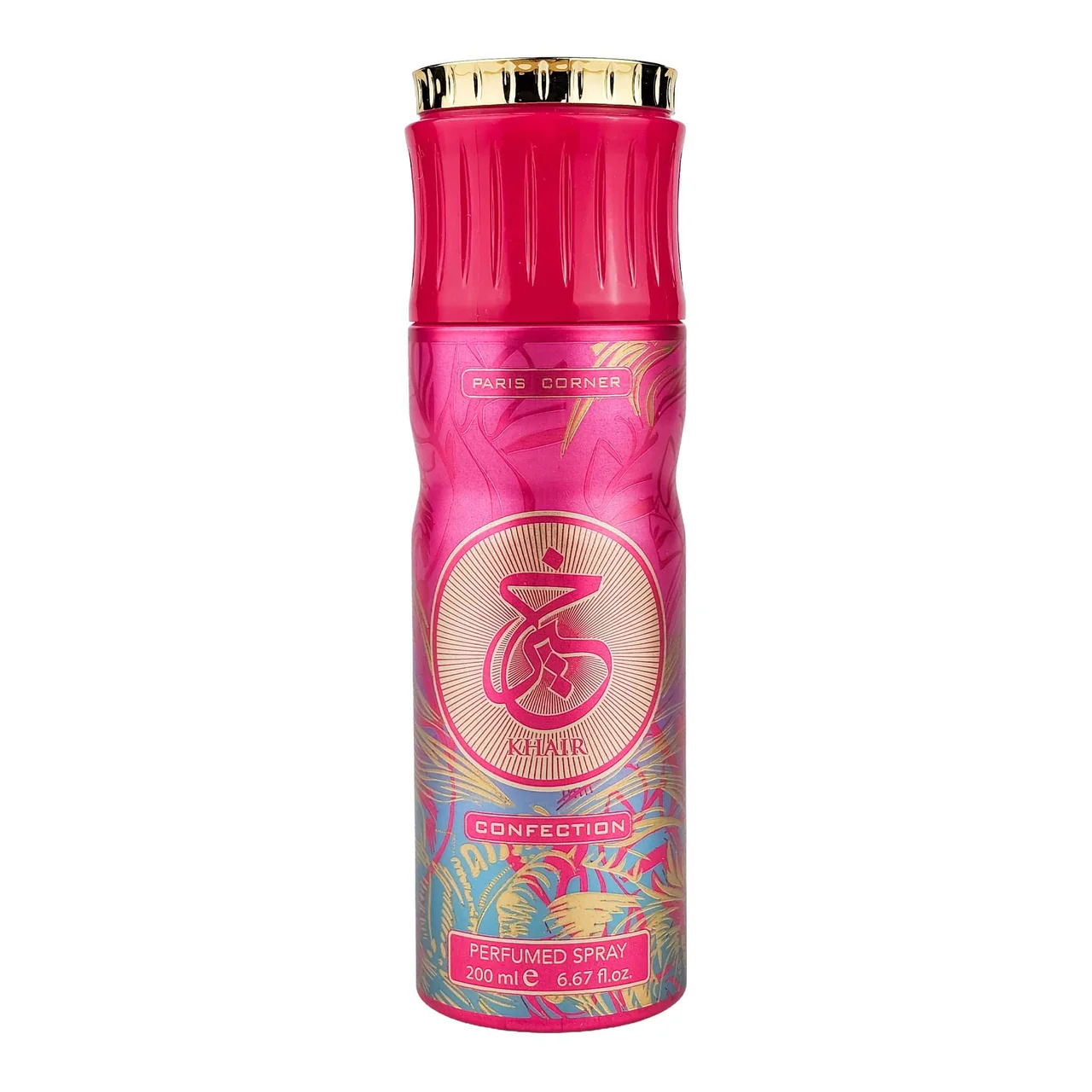 Frasco de spray perfumado rosa azul dourado com texto e tampa dourada