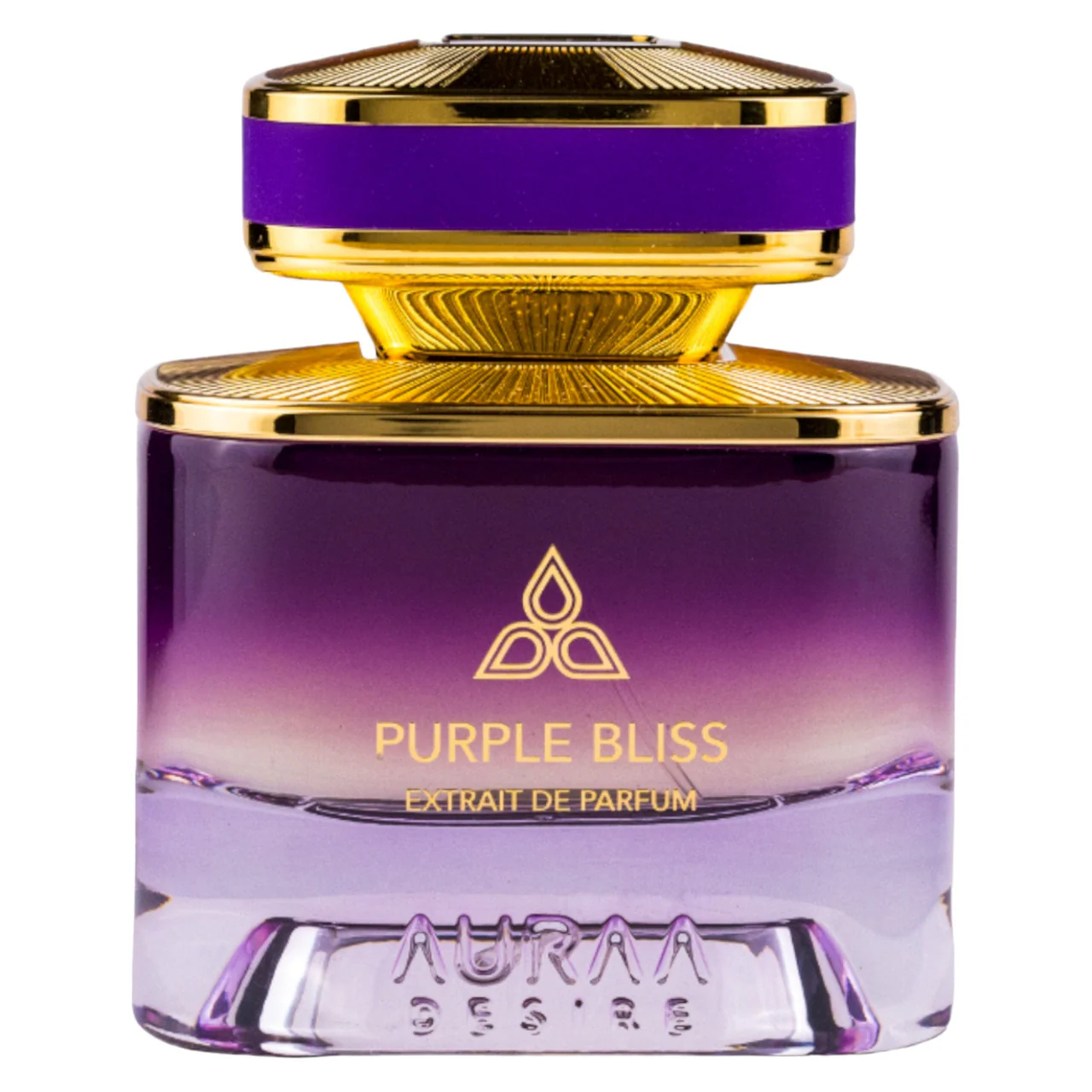Frasco de perfume roxo com tampa dourada e texto Purple Bliss