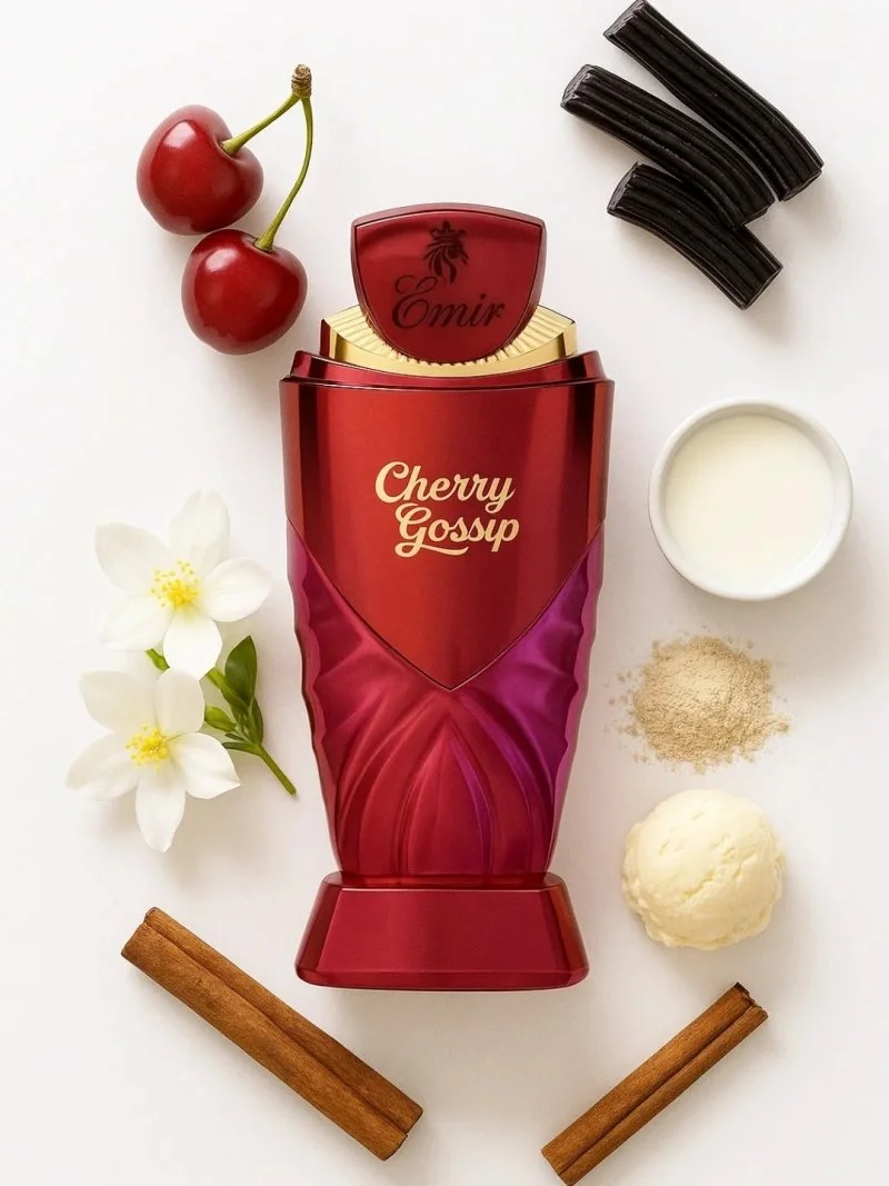 Frasco de perfume vermelho Cherry Gossip com ingredientes naturais ao redor