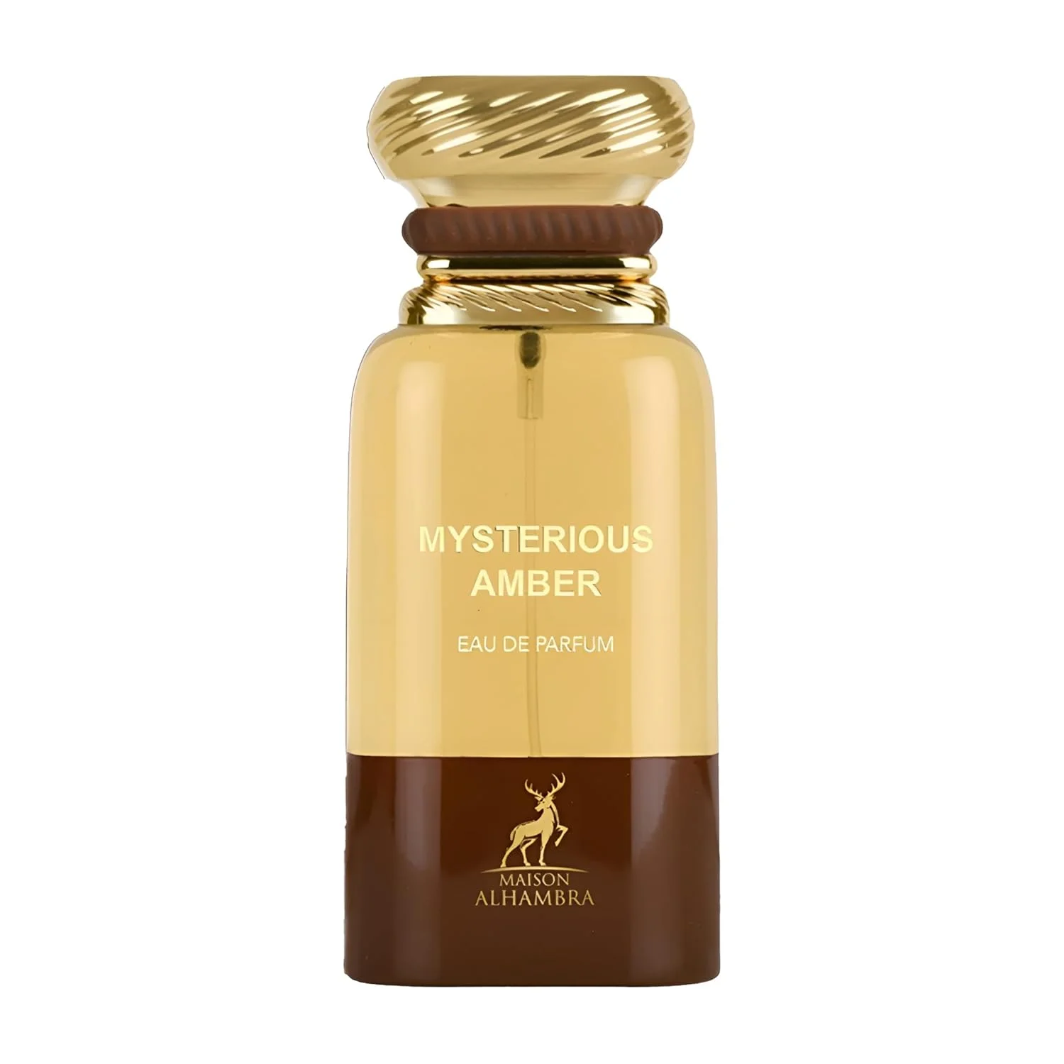 Frasco de perfume Mysterious Amber dourado e castanho