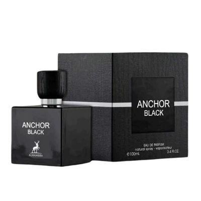 frasco de perfume preto com caixa preta e texto branco Anchor Black