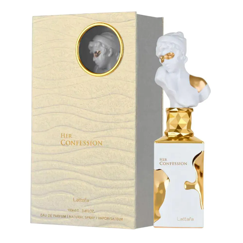 Perfume HER CONFESSION da Lattafa com frasco branco dourado e tampa busto Escultura
