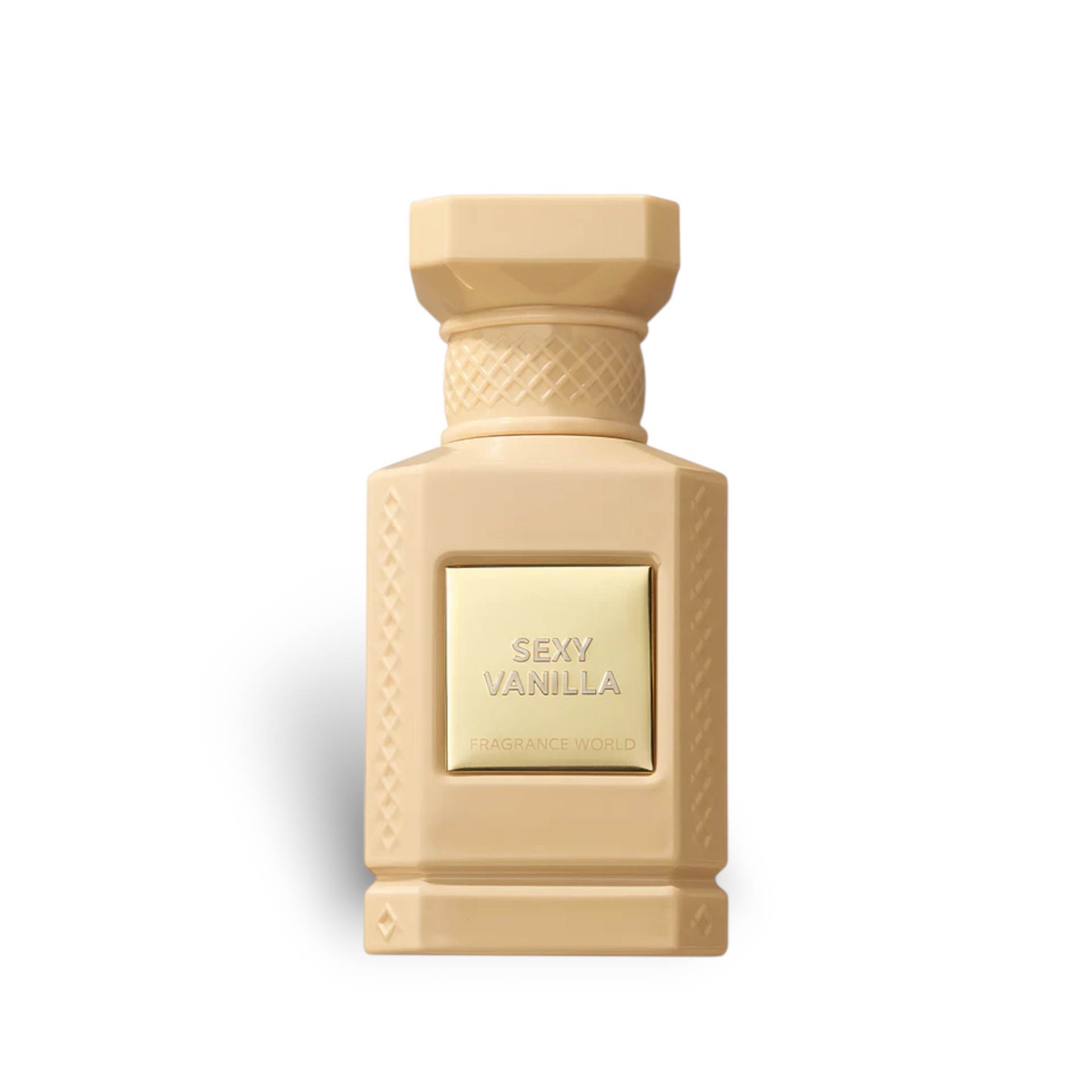 Frasco de perfume bege Sexy Vanilla com placa dourada