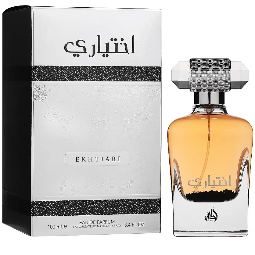 Frasco de perfume EKHTIARI e caixa branca com texto árabe e preto.