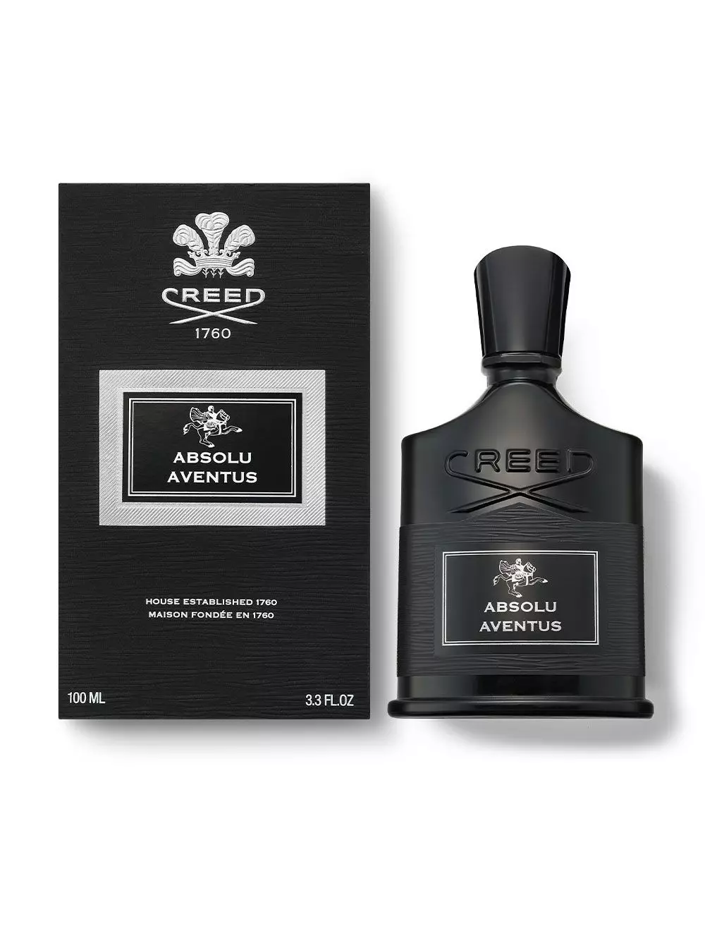 Frasco e caixa preta do perfume Creed Absolu Aventus de 100ML.