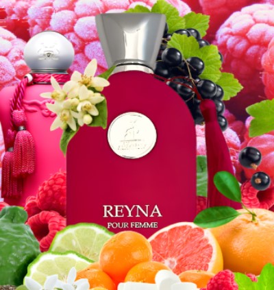 frasco de perfume vermelho REYNA POUR FEMME com frutos e flores